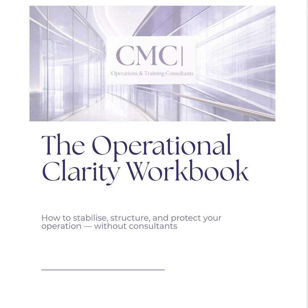 Cover of 'The Operational Clarity Workbook' by CMC with a futuristic hallway design.