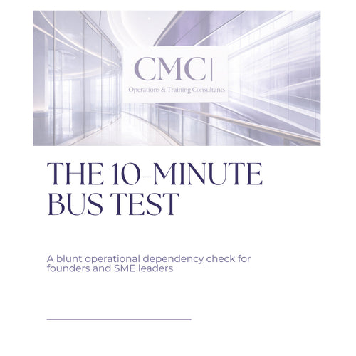 Cover of 'The 10-Minute Bus Test' by CMC Operations & Training Consultants with a futuristic hallway design.