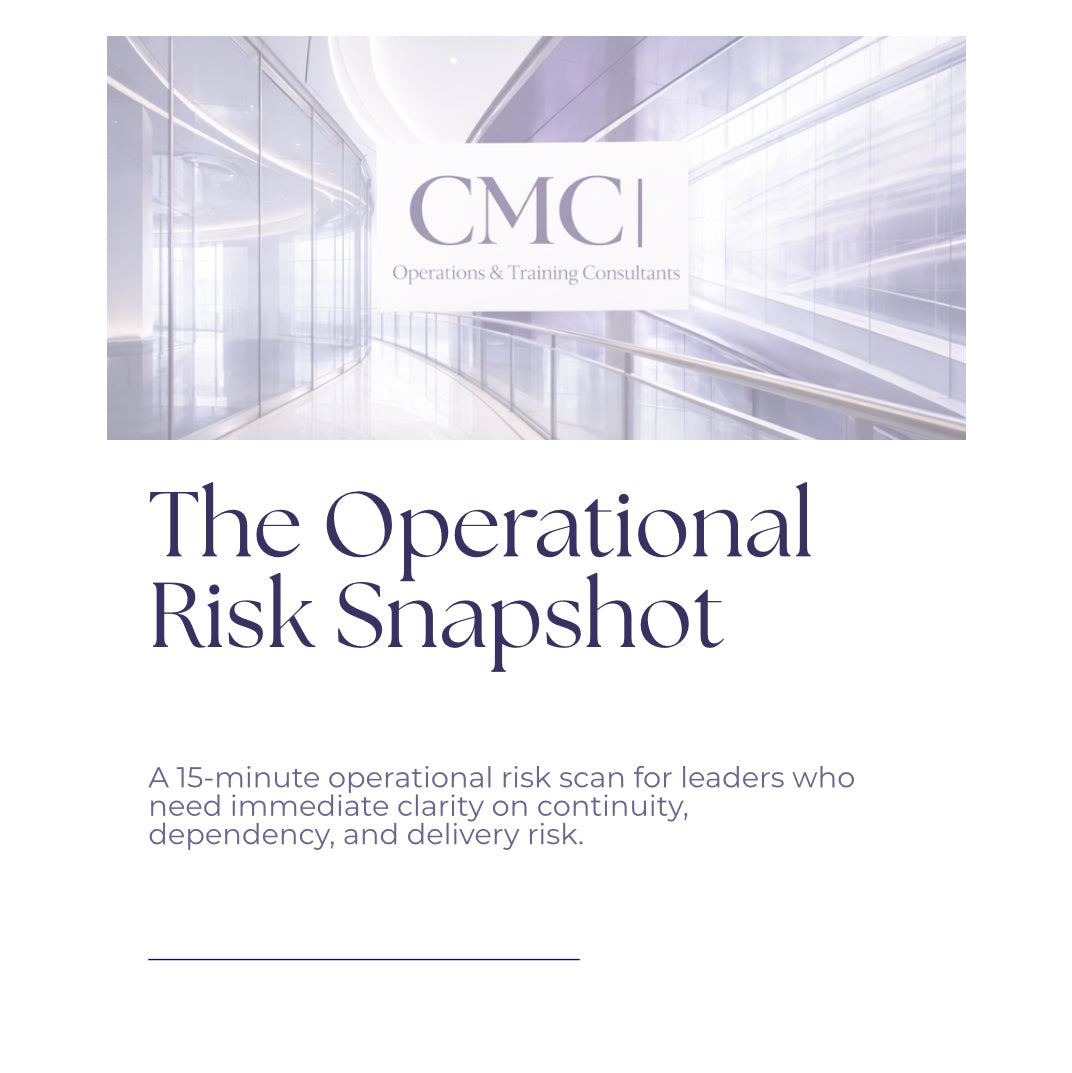 Cover of 'The Operational Risk Snapshot' by CMC, featuring a futuristic hallway design.